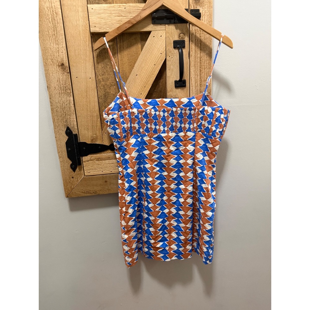 Maeve Anthropologie Ophelia Mini Dress Blue Orange Geometric Linen Blend Size 10 - Picture 8 of 11